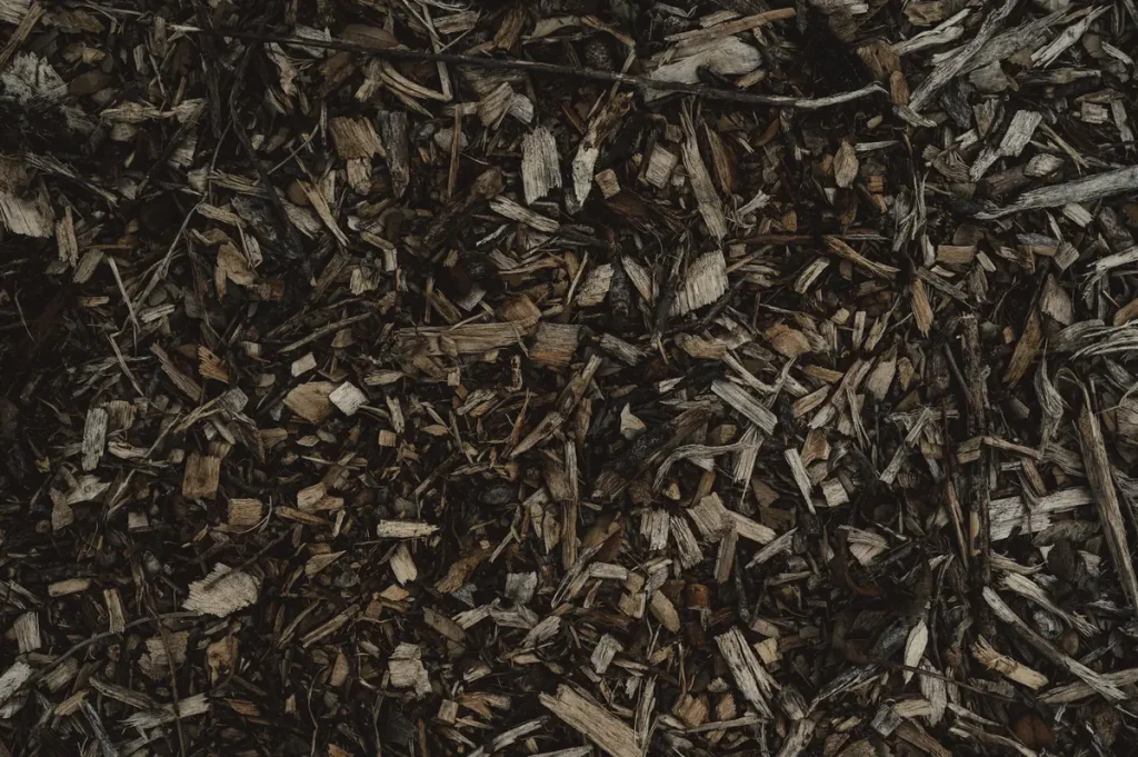 mulch wood chips inline Detailed view of natural wood chip mulch texture around a planting bed